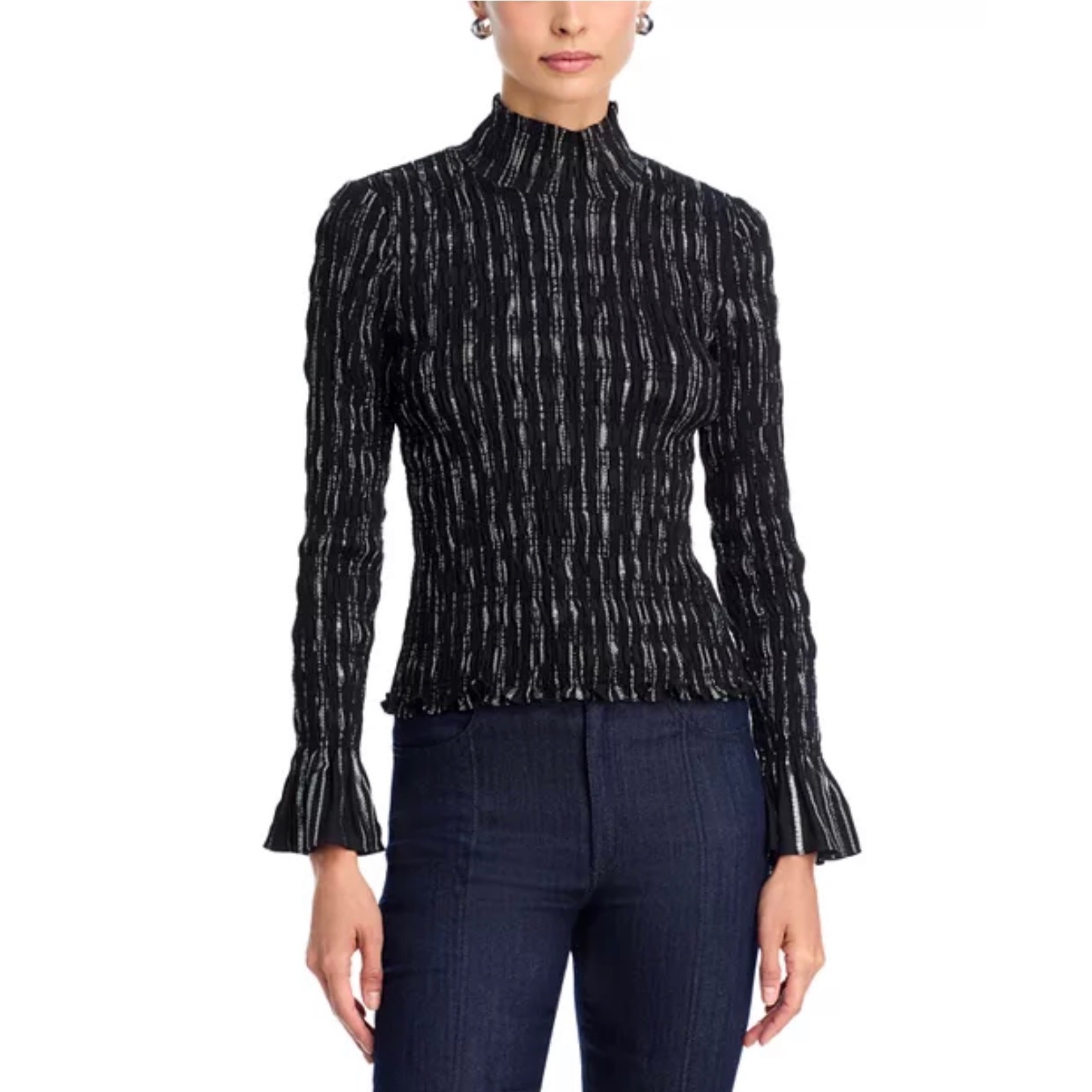 Cinq A Sept Tous Les Jours Black Silver Metallic Smocked Mock Neck Top Xl